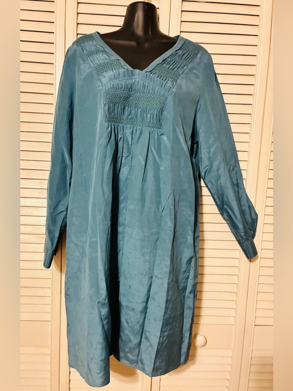 J. Jill Teal silky Tunic Dress with Smocked Yoke
